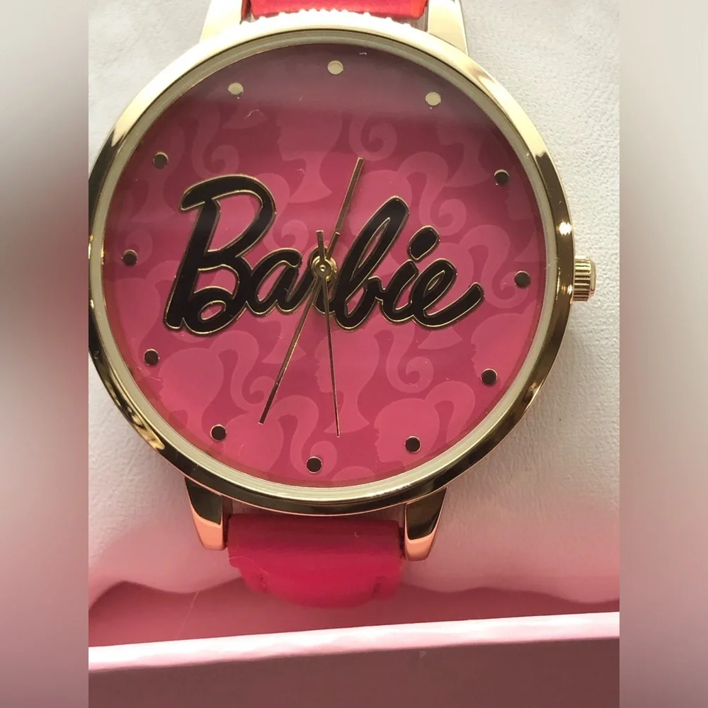Barbie pink strap gold plated trim pink Barbie‎ logo face wrist watch new